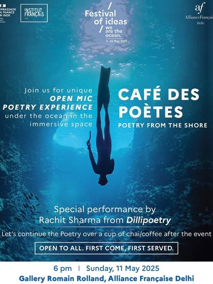 A poster for our "Café des Poètes," an open mic poetry experience. We create unique, immersive spaces for creative expression, like this event set within an ocean-themed art installation.