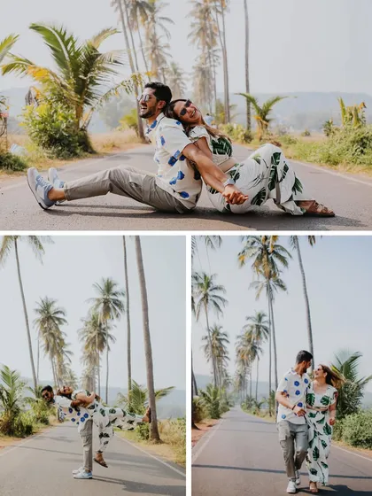 A fun collage from a pre-wedding shoot on a classic Goan road lined with palm trees. It captures the couple's playful energy and the iconic scenery of a destination shoot in Goa.