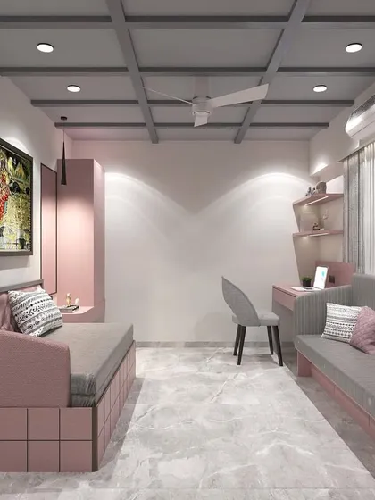 I designed this space to be a versatile guest room or lounge area, using a sophisticated palette of dusty pink and grey. The room features two comfortable sofa-beds, a study desk, and a unique coffered ceiling, making it highly functional for both seating and sleeping.