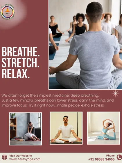 "Breathe. Stretch. Relax." This collage emphasizes the power of deep breathing as simple medicine to lower stress, calm the mind, and improve focus.