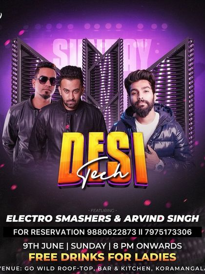 A special event poster for a Sunday Desi Tech night at Go Wild Rooftop, combined with an India vs. Pakistan World Cup screening.