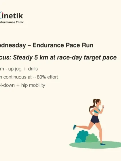 An endurance pace run is key in the final week. A steady 5km run at your target race-day pace helps lock in the feeling and builds confidence without causing too much fatigue.