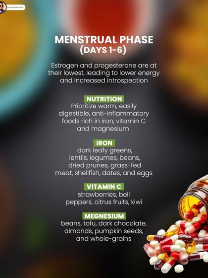 For your menstrual phase, prioritize warm, anti-inflammatory foods rich in iron, vitamin C, and magnesium to replenish nutrients and ease discomfort.