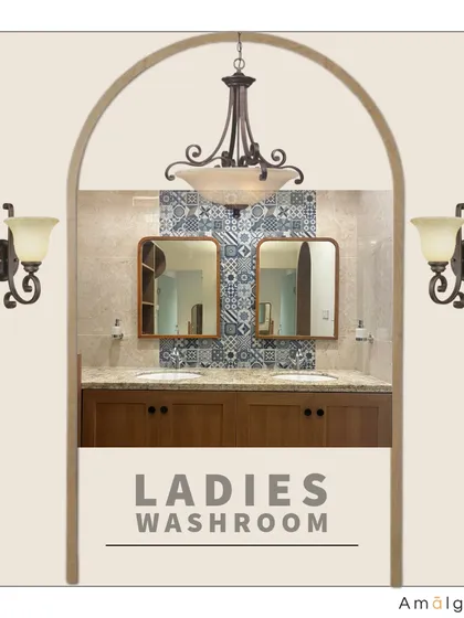 Our design proposal for the ladies' washroom, framed by a classic arch. The symmetrical layout with dual sinks and decorative lighting creates a sense of balance and traditional elegance.