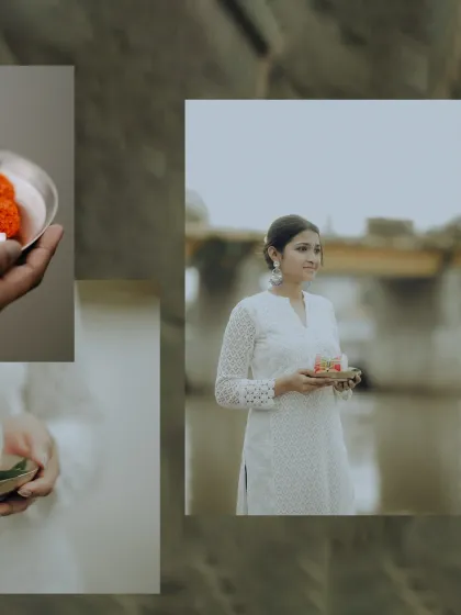 A multi-frame image showing the details of the puja thali and the devotee's serene expression, capturing the essence of the Shravan ritual.