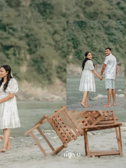 A collage showing a couple walking hand-in-hand on the riverbank, with a picnic-like setup.