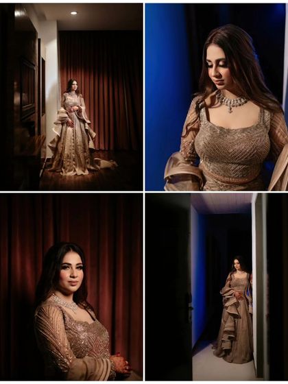 A quad of portraits showcasing the bride, Nisha, in different lighting and moods. From dramatic shadows to soft, direct light, we capture her beauty from all angles.