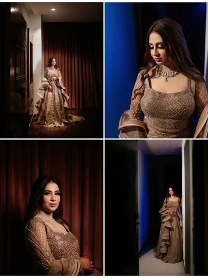 A four-panel collage of Nisha's portraits, capturing her in various poses and lighting, showcasing her versatility and the drama of her look.
