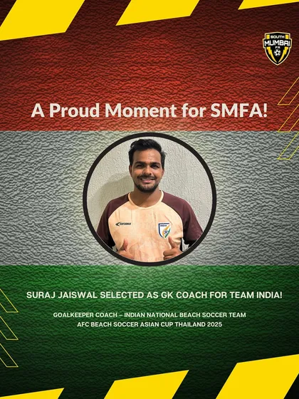 A proud moment for SMFA. Our Head Goalkeeper Coach, Suraj Jaiswal, has been selected to coach the Indian National Beach Soccer Team.