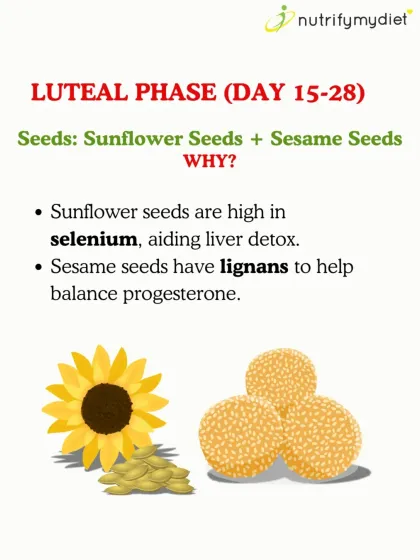 Luteal Phase (Day 15-28) Nutrition. In the second half of your cycle, we switch to sunflower and sesame seeds. Sunflower seeds are high in selenium for liver support, and sesame seeds contain lignans to help balance progesterone.