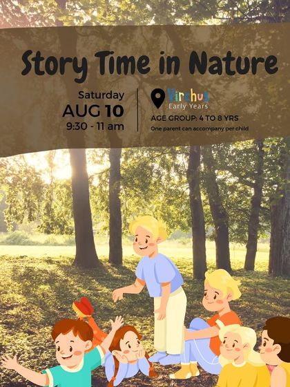 This poster announces a special story time collaboration at Virchus Early Years, a preschool nestled in a lush green campus, providing the perfect natural setting.
