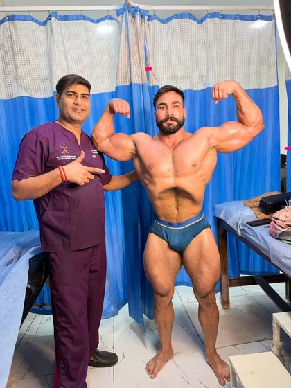 Professional athlete Raj Faujdar showing his impressive physique post-therapy.
