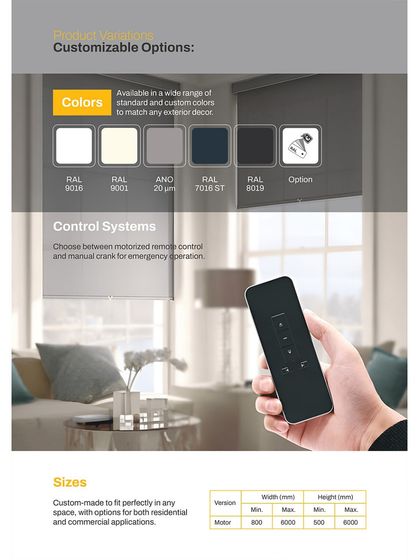 This spec sheet shows the customization options for our Alutech Zipscreen. You can choose from a range of colors, control systems (motorized or manual crank), and sizes to perfectly fit your residential or commercial space.
