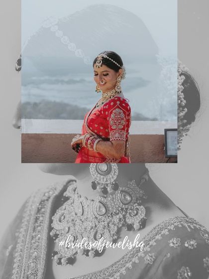 A collage telling the story of a real bride's wedding day look, featuring her elaborate polki choker and accessories.