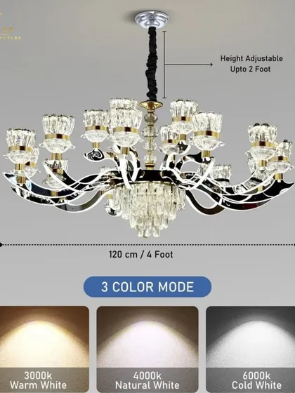 This image shows you the details of our Manila Smart LED Chandelier. It is 4 feet wide and its height can be adjusted up to 2 feet. It also comes with a 3-color mode, so you can switch between warm, natural, and cold white light to match your mood.