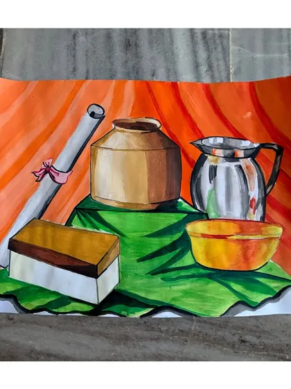 A still life painting by an intermediate grade exam student, featuring a steel jug, a clay pot, and other objects. We practice rendering different materials accurately.