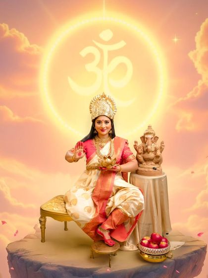 Floating amidst the clouds with a glowing 'Om' symbol behind her, this portrait elevates the mother-to-be to a celestial, goddess-like figure, holding a lotus of purity.