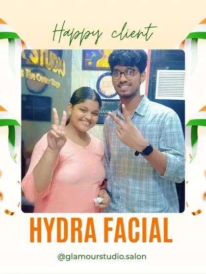 A happy client duo flashing victory signs after their Hydra Facial session. Their bright smiles and glowing skin are what we work for.