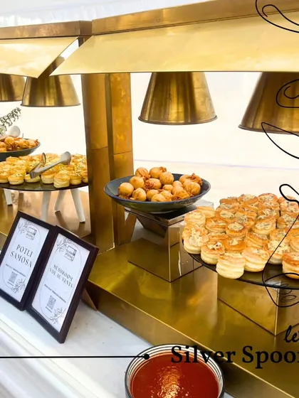 For corporate events and formal gatherings, we provide a sophisticated setup. This hot appetizer station features Potli Samosas and Mushroom Vol Au Vents kept warm under elegant brass food lamps, ensuring every bite is perfect.