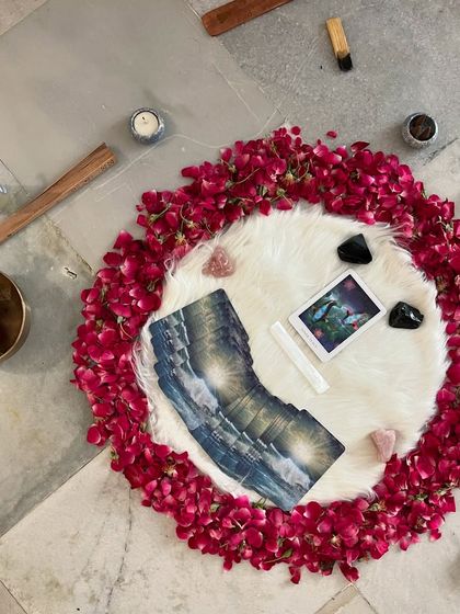 A beautiful mandala created for one of our workshops, with oracle cards, crystals, and a singing bowl. These details help set a magical and healing tone for our sessions.