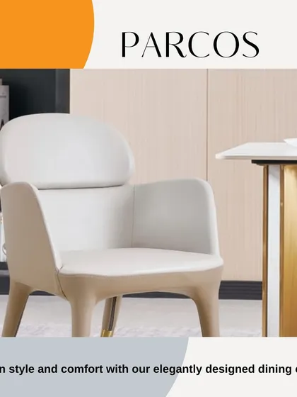 The 'Parcos' dining chair offers a clean and elegant look with its light-colored upholstery and gold-accented legs. It's a perfect match for a luxurious dining setting.