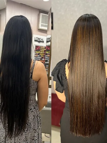 This side-by-side comparison shows the impact of adding subtle caramel highlights to long, dark hair. The 'after' shot shows incredible shine, dimension, and a healthier appearance.