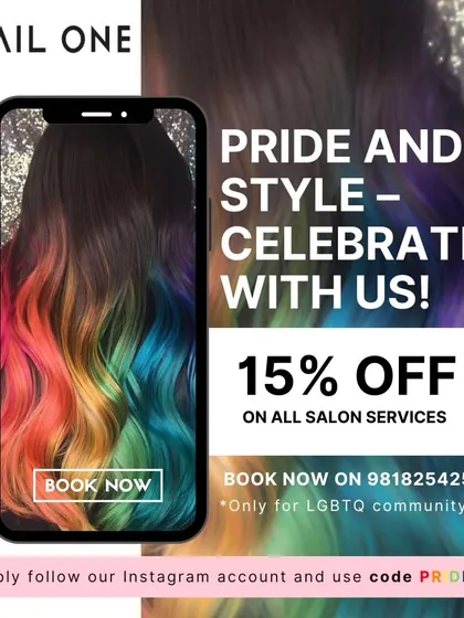 This promotional graphic showcases our ability to create stunning rainbow hair, perfect for Pride celebrations or for anyone wanting to express themselves with color. We offer a special discount for the LGBTQ+ community.