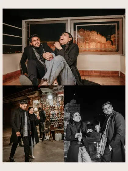 A collage of candid nighttime moments in Jaipur, from laughing on a rooftop overlooking the city to strolling through a local market.