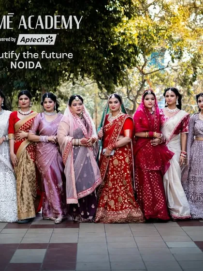 The final result of our students' hard work. This group photo from a student portfolio shoot shows a range of stunning, professionally executed bridal looks, ready for their portfolios.