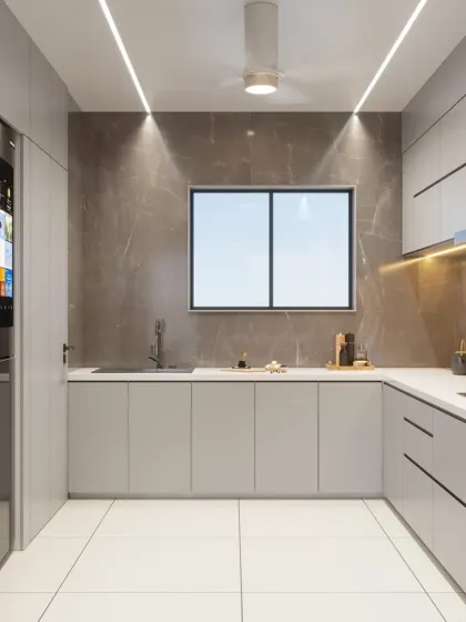 A U-shaped kitchen designed for ultimate functionality with seamless, light grey handleless cabinets and a smart refrigerator. The design prioritizes a clean, uncluttered look with under-cabinet lighting and a durable, solid-surface countertop.