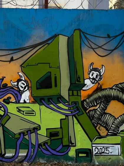 A close-up of the little horned characters driving the machine in my Stylebound piece. Adding small, fun details like this is something I enjoy doing in my larger murals.