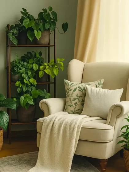 A cozy reading nook is made even more inviting with a plant stand full of lush greenery. The plants add a touch of life and color, creating the perfect spot to relax with a book.