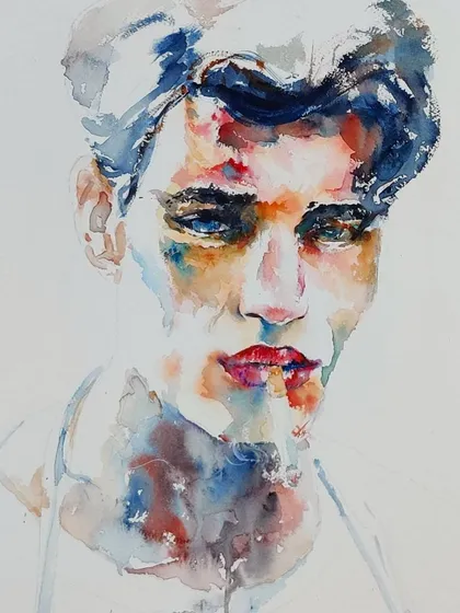 A portrait created entirely with watercolor. This medium allows for a unique fluidity and transparency, creating a soft yet intense look that is very different from my textured acrylic work.