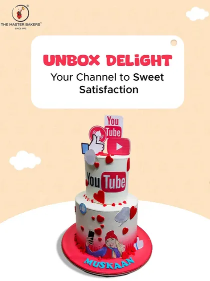 A cake for a future YouTube star. This multi-tiered creation features the YouTube logo, like buttons, and other social media icons, celebrating a passion for content creation.