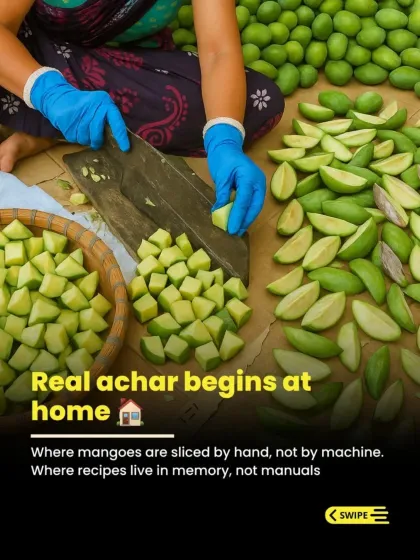 Real achar begins at home, where mangoes are sliced by hand, not by a machine. We believe in the power of handmade food. The women of our community in Mithila put their care and attention into every single jar, ensuring the taste is always authentic and full of ghar ka swaad.
