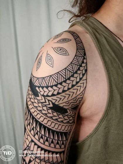 Another angle of the completed Maori sleeve, showing the shoulder and bicep detail.