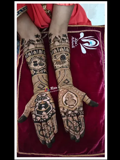 A sacred mehendi for a mother and daughter who are taking Jain Diksha, a path of renunciation. The design incorporates important Jain symbols and figures.