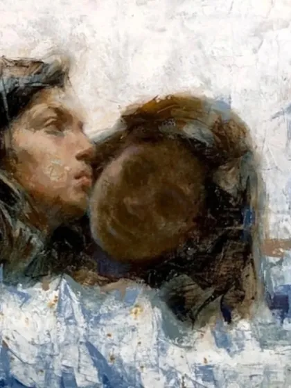 A close-up detail from the "Changing Emotions" painting, focusing on the faces.
