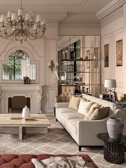 A living space where plush, comfortable furniture invites relaxation. The design features a symmetrical arrangement around an ornate fireplace, with soft neutral tones on the walls creating a serene atmosphere perfect for a family lounge.