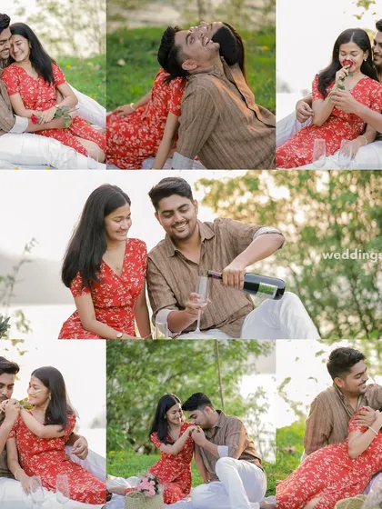 A comprehensive collage from a picnic-themed shoot, showing everything from popping champagne to sharing strawberries and lots of laughter.