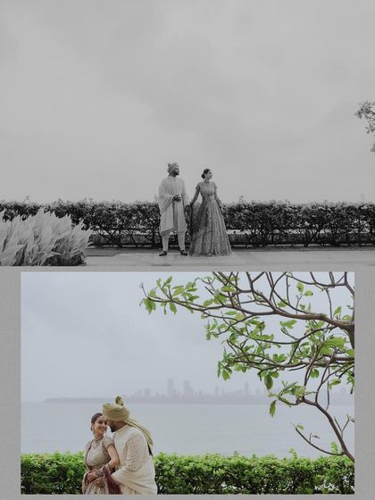 A collage showing the couple against the backdrop of the Mumbai skyline on a rainy day. The moody black and white shot contrasts with a wider view, telling a story of romance in the city.
