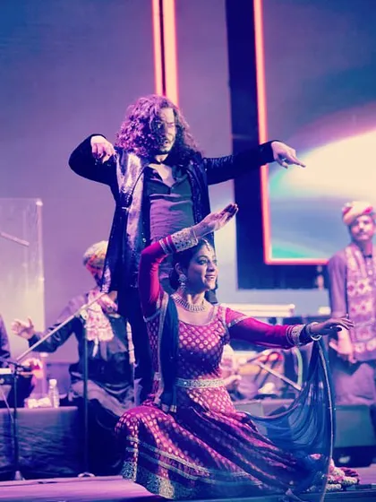 A powerful pose with my Kathak partner during our 'Flamenco Folk Gypsy Caravan' show.