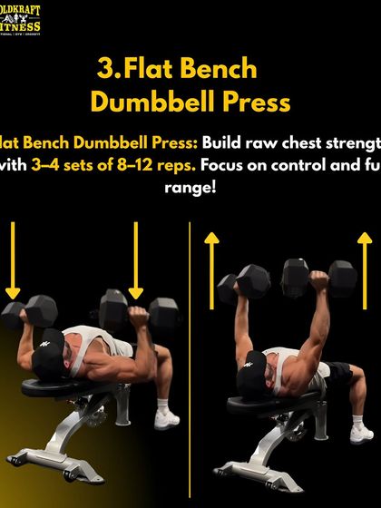 To build raw chest strength, incorporate the Flat Bench Dumbbell Press. Do 3-4 sets of 8-12 reps, ensuring full range of motion and controlled movement.