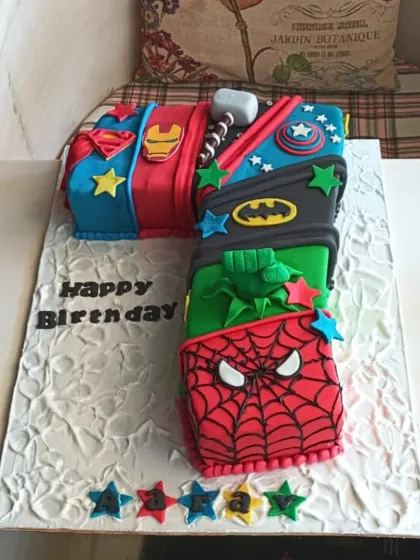 A superhero spectacle in the shape of the number seven, featuring logos from Spider-Man, Hulk, Batman, Iron Man, and Captain America.