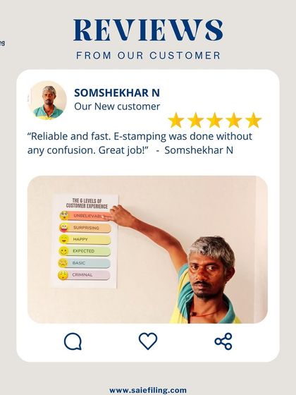 "Reliable and fast. E-stamping was done without any confusion. Great job!" We are happy to know that Somshekhar N found our e-stamping services to be seamless and efficient. We make online documentation simple and secure.