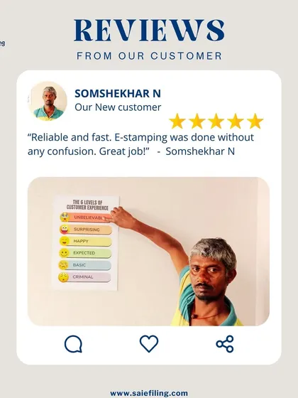 "Reliable and fast. E-stamping was done without any confusion. Great job!" We are happy to know that Somshekhar N found our e-stamping services to be seamless and efficient. We make online documentation simple and secure.