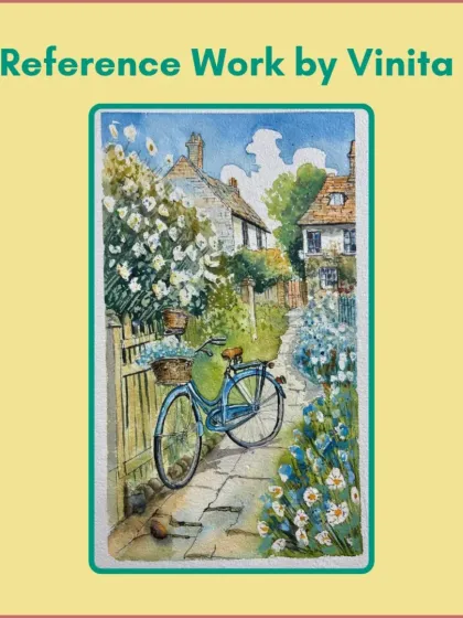 This is a beautiful reference artwork by our instructor, Vinita, for the advanced watercolor class, showcasing a charming country lane scene.