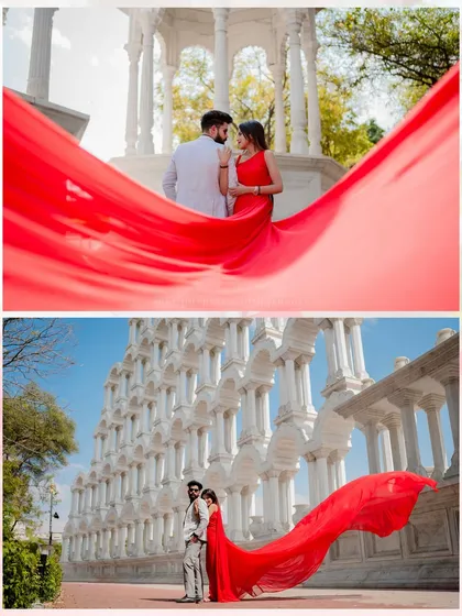 Siddharth and Simran's shoot at Gaitor Ki Chhatriyan, where the bride's bright red trail gown flows down the white marble steps, creating a visually striking composition.