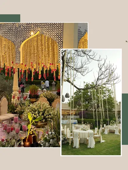 The magic of combining decor design, floral design, and production. This image highlights two of our grandest setups, a regal Sabyasachi-inspired mandap and an elegant garden dinner.