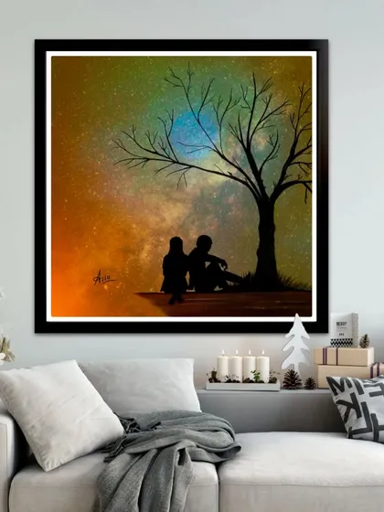 The couple silhouette painting with a vibrant, multi-colored galaxy in the background.